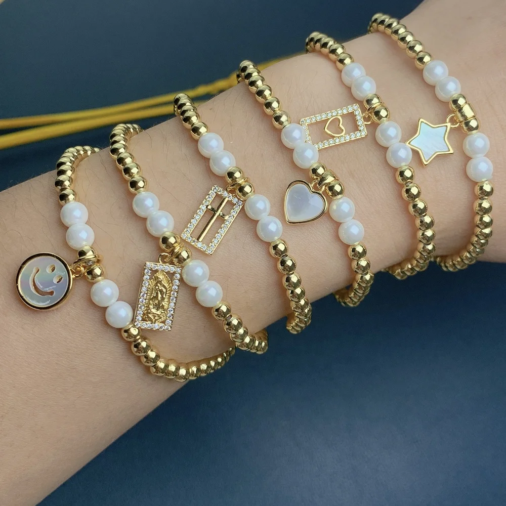 Zircon Sea Shell Smiley Heart Cross Virgin Mary Charm Bracelets Hand Made Metal Beaded Elastic Bracelet Jewelry