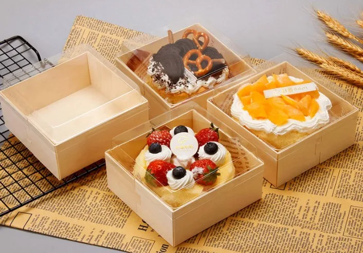 Disposable transparent 4 inch bento cake box dessert western dessert wooden packing box