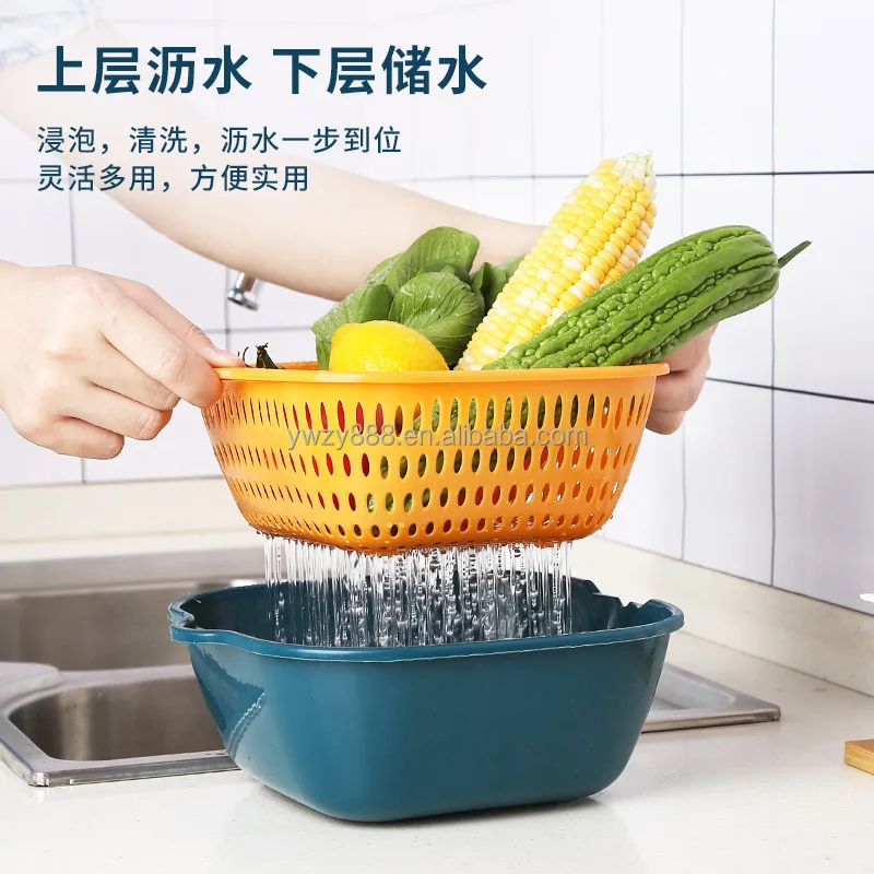 Wholesale New Product Home Kitchen Double Layer Fruit Vegetable Washing Plastic Drain Basket