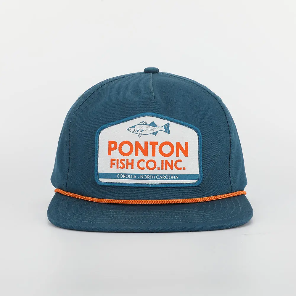 Wholesale Custom Men High Quality 5 Panel Blue Cotton Rope Hat Flat Bill Unstructured Woven Patch Logo Baseball Cap