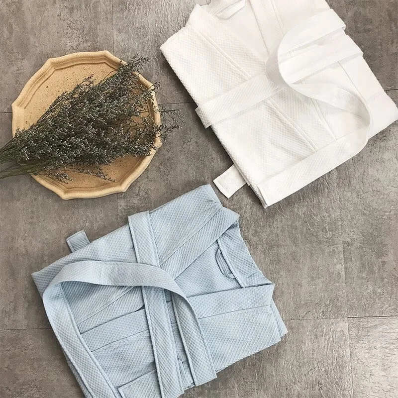 Stylish breathable and absorbent 100% cotton robes knit lightweight pool spa waffle shawl bathrobe