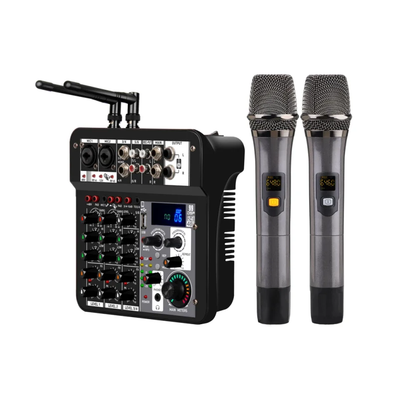 ML-4 Home Stage Performance 4-Way Live Recording Sound Card Mini USB Audio Mixer with Wireless Microphone
