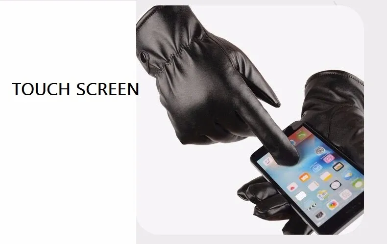 basic men winter waterproof touch screen pu leather mittens with plush lining