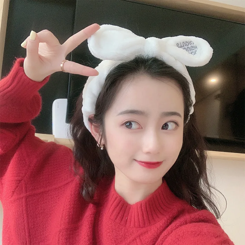 Women Girl Wash Face Cute Hair Band Makeup Plush Headwear Cat Bunny Ears Hairband Korea Elastic Velvet Bow Knot Headband