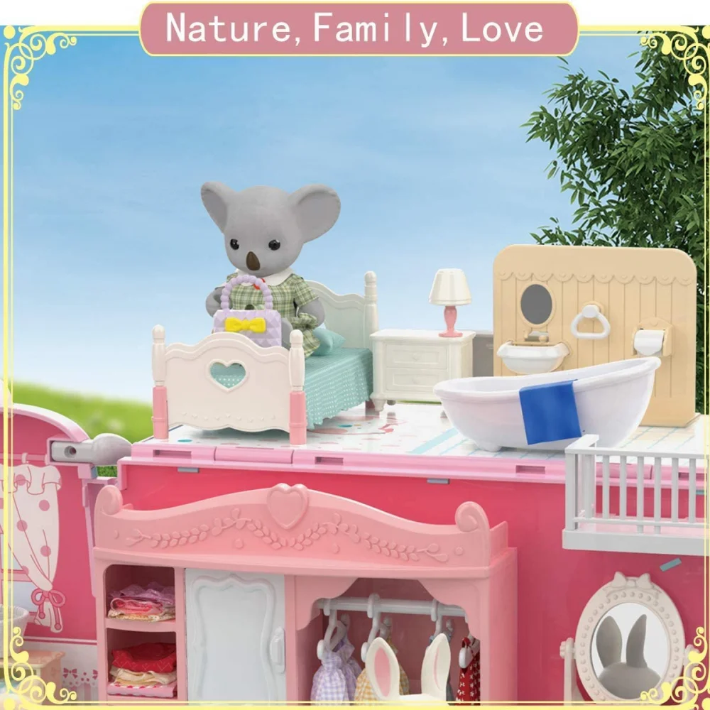 Educational children plastic play house toys set DIY touring bus furniture toys mini Pink Princess RV house toys for girls