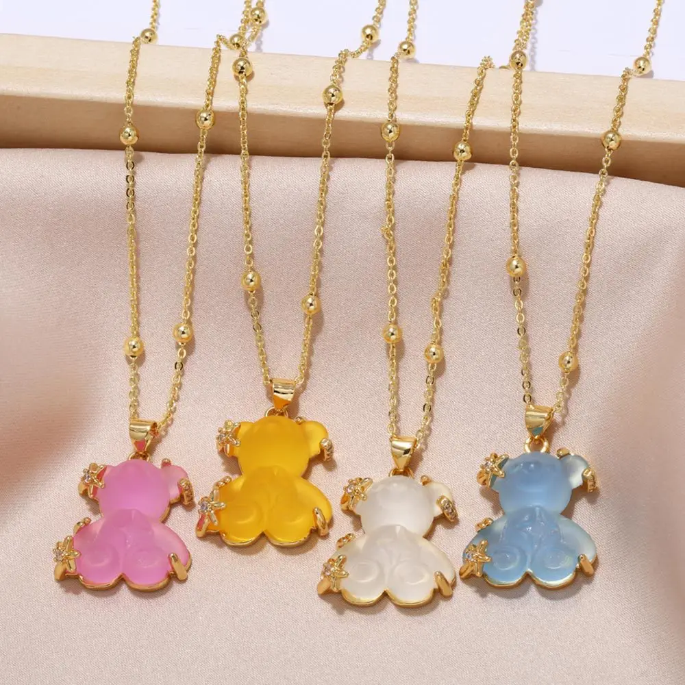 Wholesale Gold Plating Cute Candy Color Bear Charm Pendant Necklace Multi Color Glass Bear Pendants DIY Jewelry Necklace