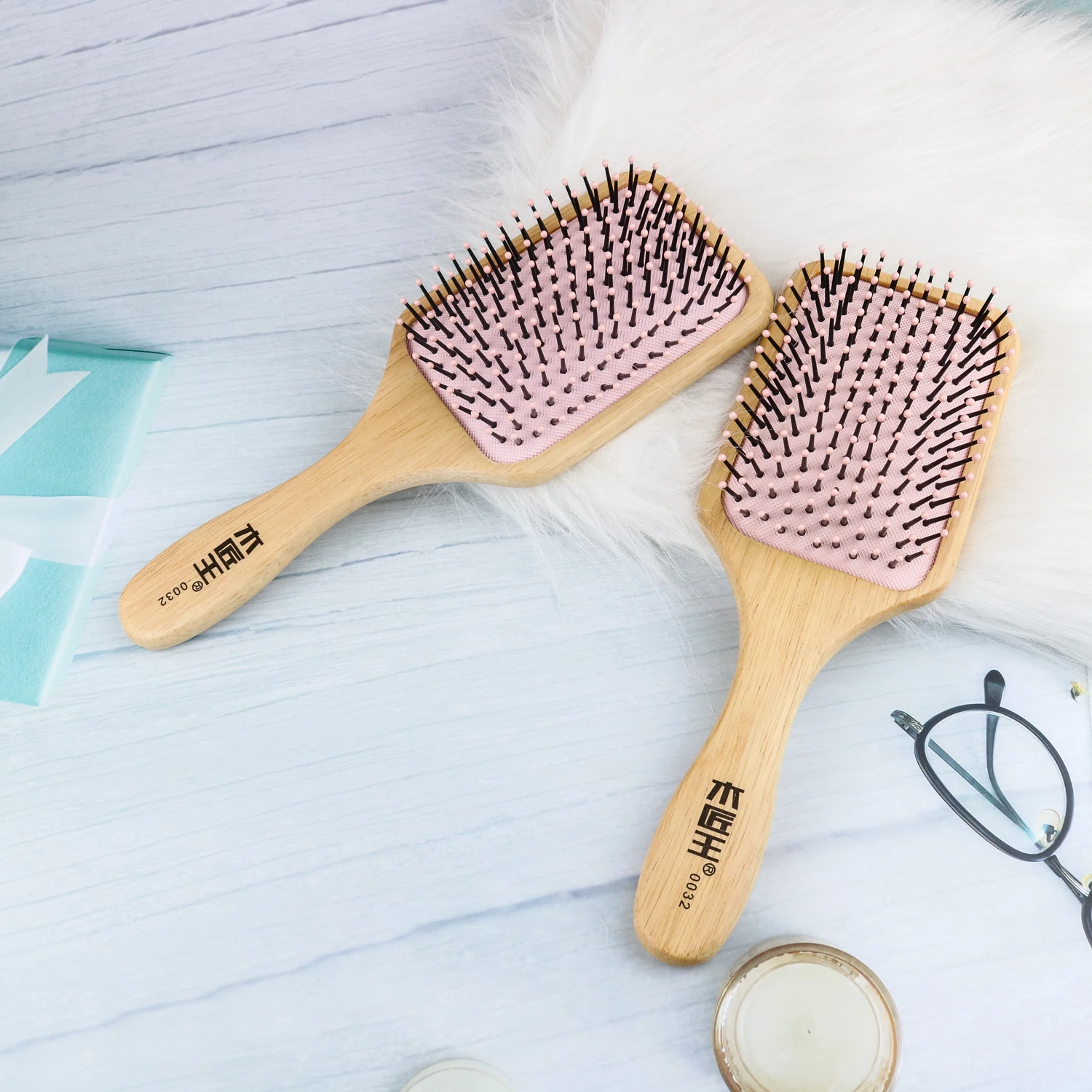 Professional Custom Logo Natural Comb Home Anti Static Bamboo Beach Wooden Large Rectanglge Paddle Hair Brushes and Combs Set
