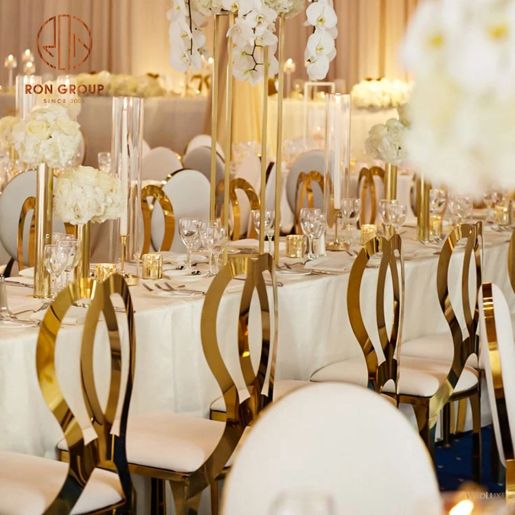 Rental Fancy Wedding Hotel Restaurant Furniture Luxury Round Golden Back Stainless Steel Gold Legs Banquet Chair for Decoration