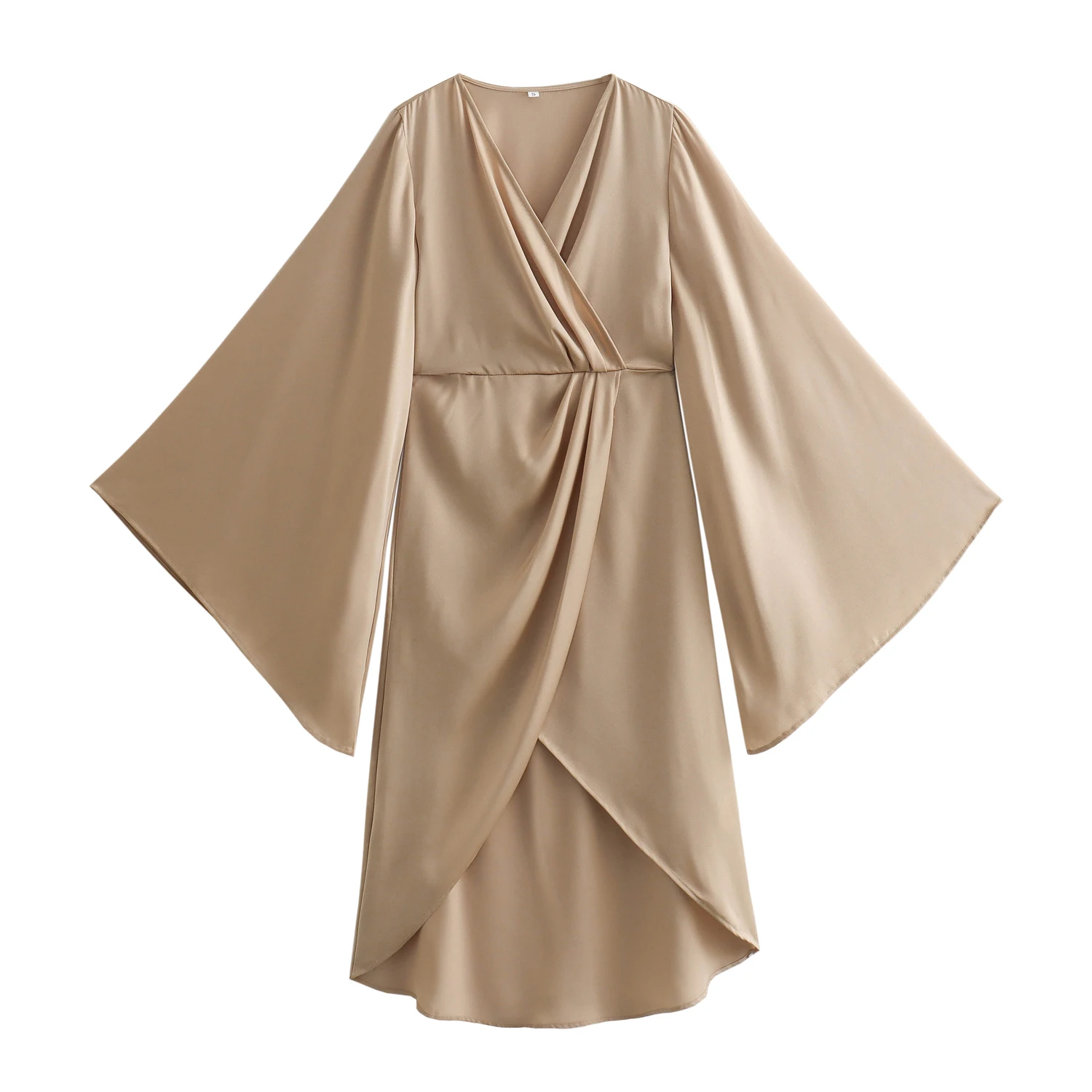 V neck long wide sleeve khaki color front slit pleated casual fashion mini dress for women