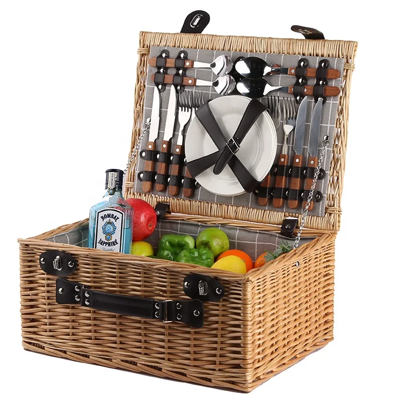 wicker picnic basket with ice bag,blanket,cutlery and ceramics (China supplier)