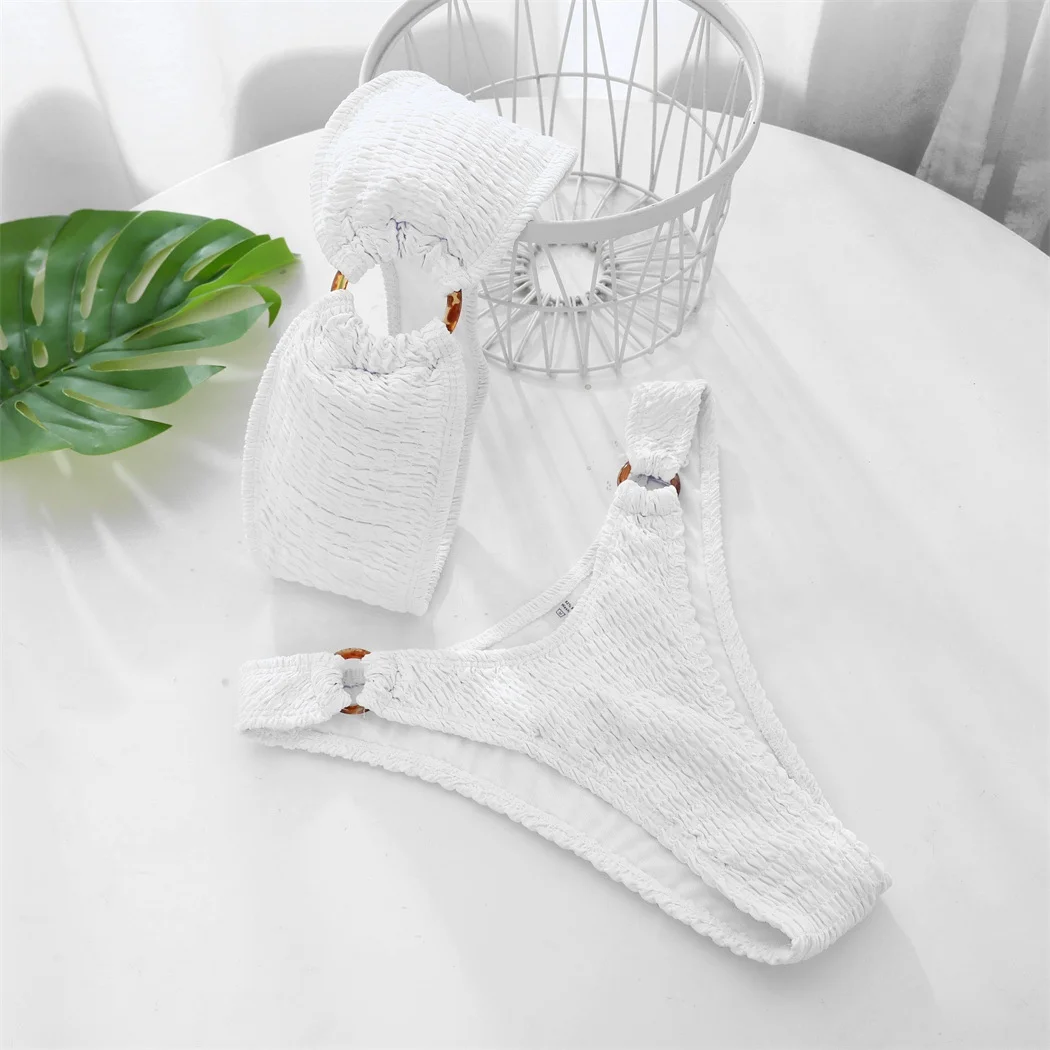 2022 New fashion Wrinkle fabric bikini bra and brief with circular rings two pieces bandeau swimsuit custom tag moved cups