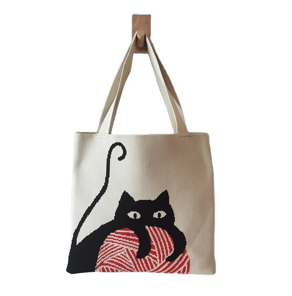 large capacity Reusable Casual Color cat design Shopping Bags Checkered Crochet Knitting Tote Bag woven knit bag tote