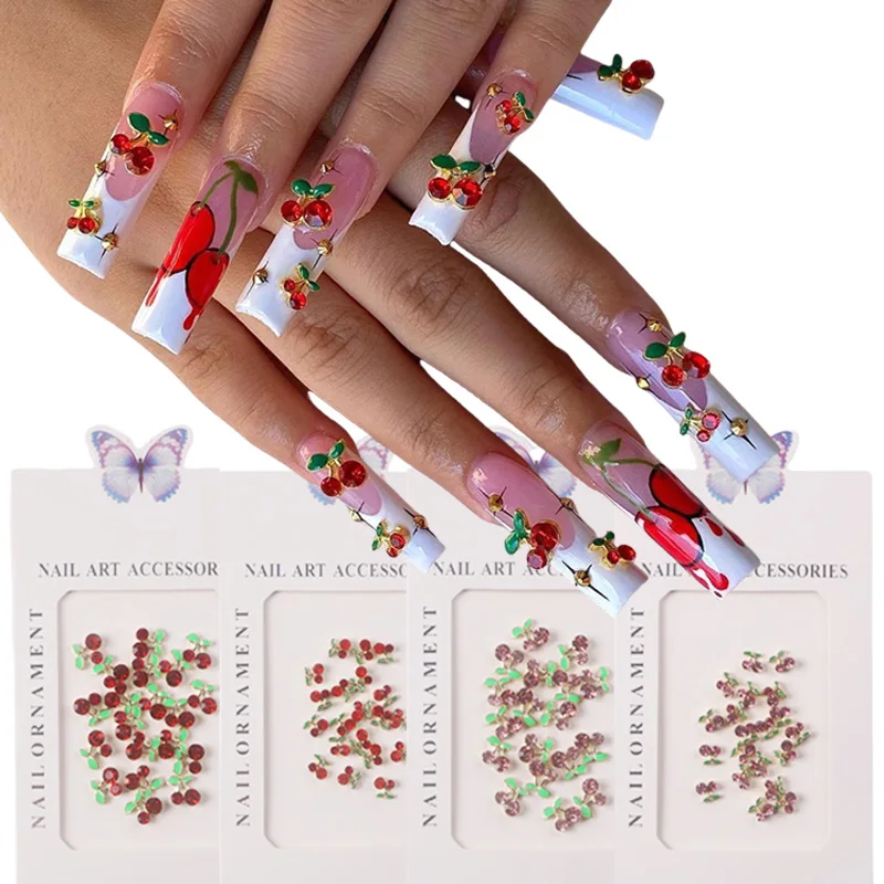 TSZS Hot Sale 3D Metal Cherry Nail Charms Red & Pink Cherry Nail Rhinestone Fruit Jewelry Nail Wholesale