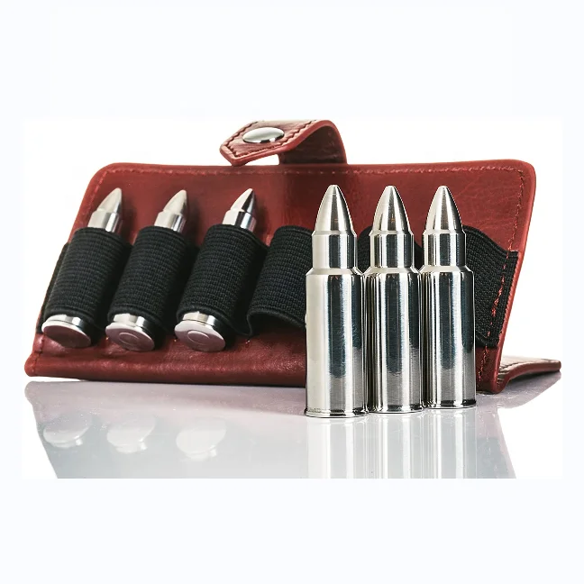 Set of 6 Bullet Shaped Whiskey Stones Cartridge Clip With Leather PU Bag Pouch Wallet