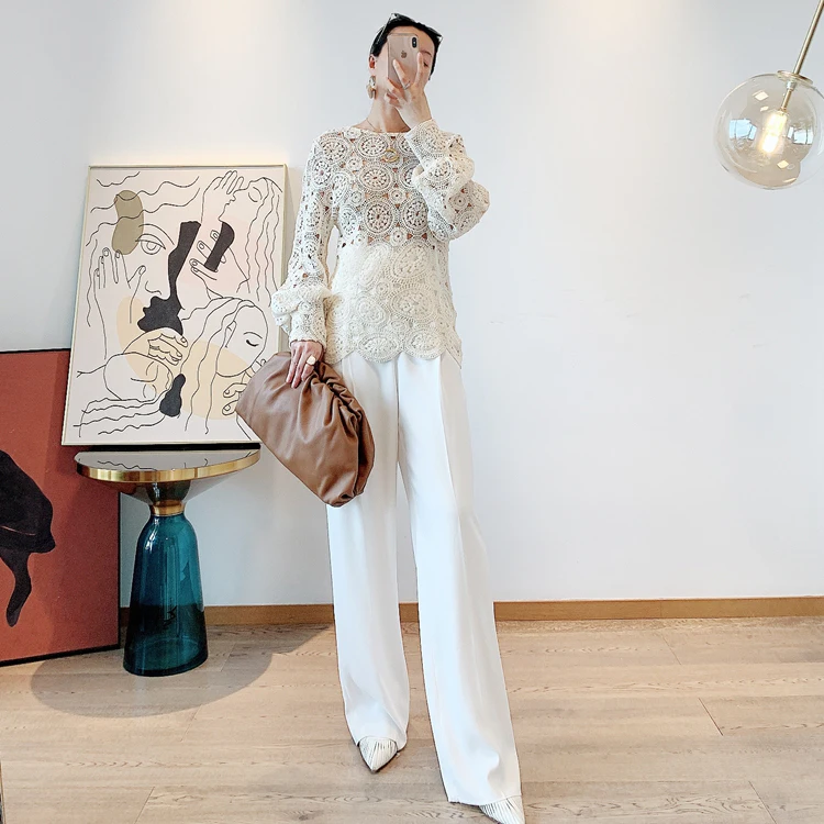 
Palace Lantern Sleeve Summer Spring Female Embroidery Flower Woven Hollow Out Lace Top Sweater Dress 