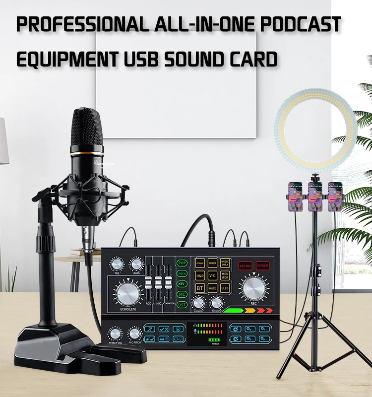 Hayner-Seek Special External Podcast Equipment Sound Card Mixer Full Set With Condenser Mic and Headset For Live Broadcast