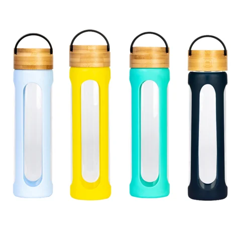 unbreakable silicone sleeve sports travel glass drinking water bottle with bamboo lid