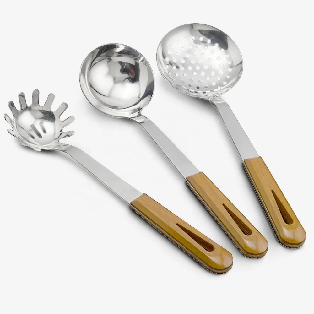 Wooden style ABS plastic handle thick stainless steel kitchen cooking utensils set slotted spatula spoon cookware gadget