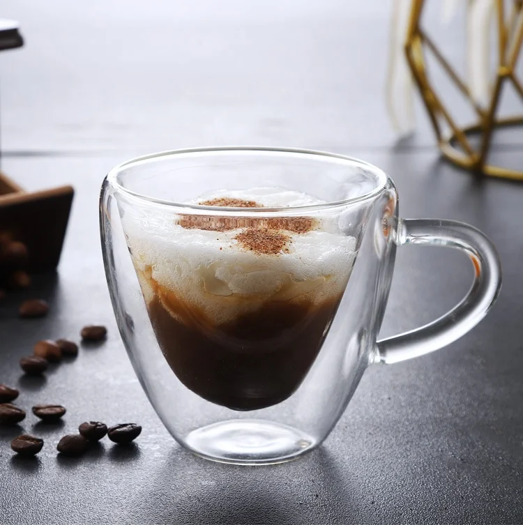 Manufacturer high borosilicate 180ml 6oz double wall glass cup heart love shaped glass coffee tea cup heart glass mug