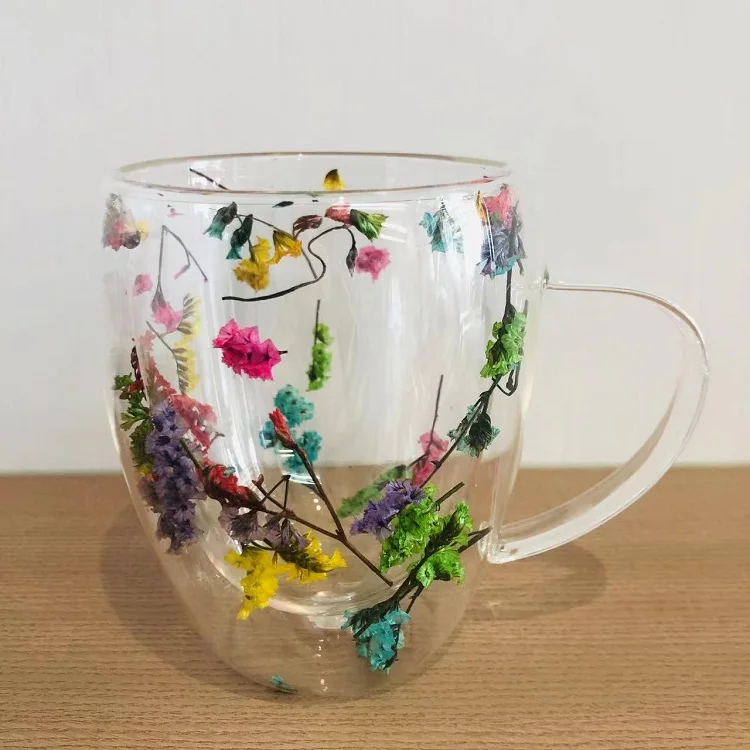 Custom Logo Heat Cold Resistant Borosilicate creative dry flower double wall glass mug cup