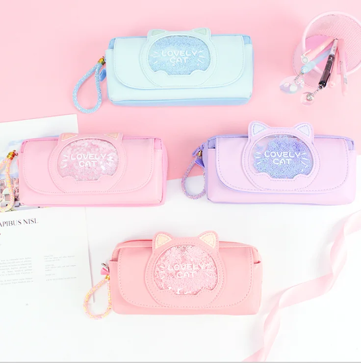 customized logo pink canvas PU cat pencil bags high capacity sweet girls bling zipper cartoon sequins cosmetic bags for girls