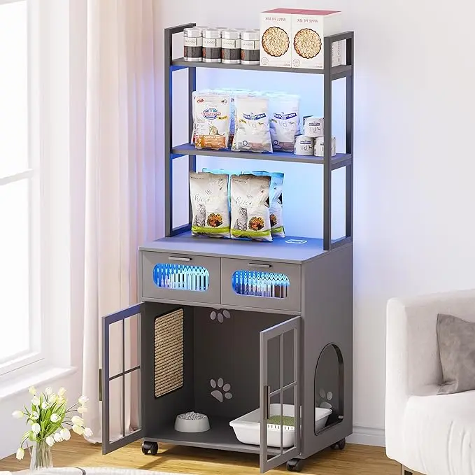 LED Pet Storage Cabinet: Multi-Functional Design with Dimmable Lights, Hidden Litter Box, Charging Station, and Scratch Pad