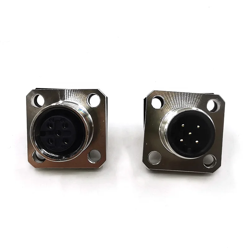 M12 Male Flange Panel Mount Electrical Square Connector With 3 4 5 6 8 12Pin