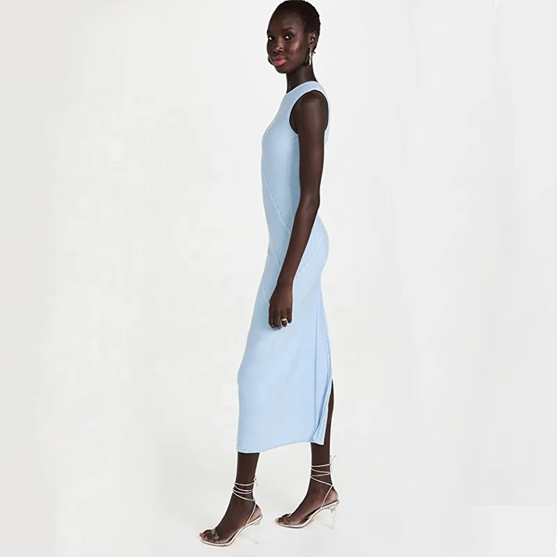 2022 Factory wholesale custom summer fashion sexy solid one shoulder sleeveless split prom knit dress women
