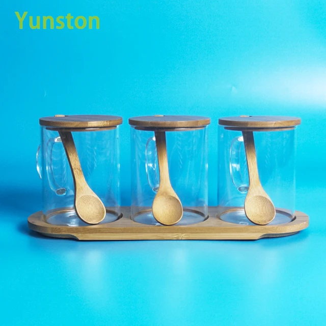 Glass kitchen jar storage set Food grade kitchen condiment jar with wooden lid and wooden spoon Kitchen spice jar with handle