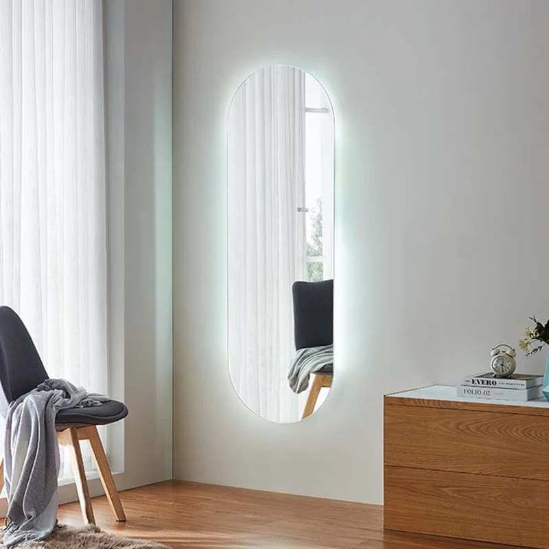 Promotion Product Bedroom Wall Hanging Oval Shape Cool Light Backlit Touch Screen Smart Led Mirror With Digital Clock