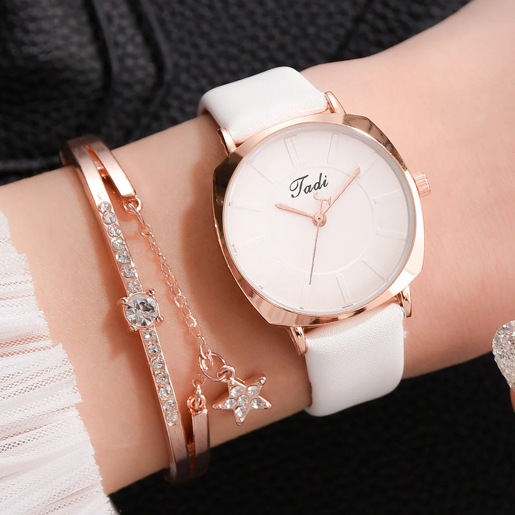 The new popular South Korean PU with simple versatile ladies fashion quartz watch set
