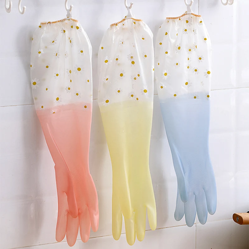 Thin jelly-colored plastic elastic sleeve PVC gloves cleaning housework gloves plus velvet winter dishwashing laundry gloves