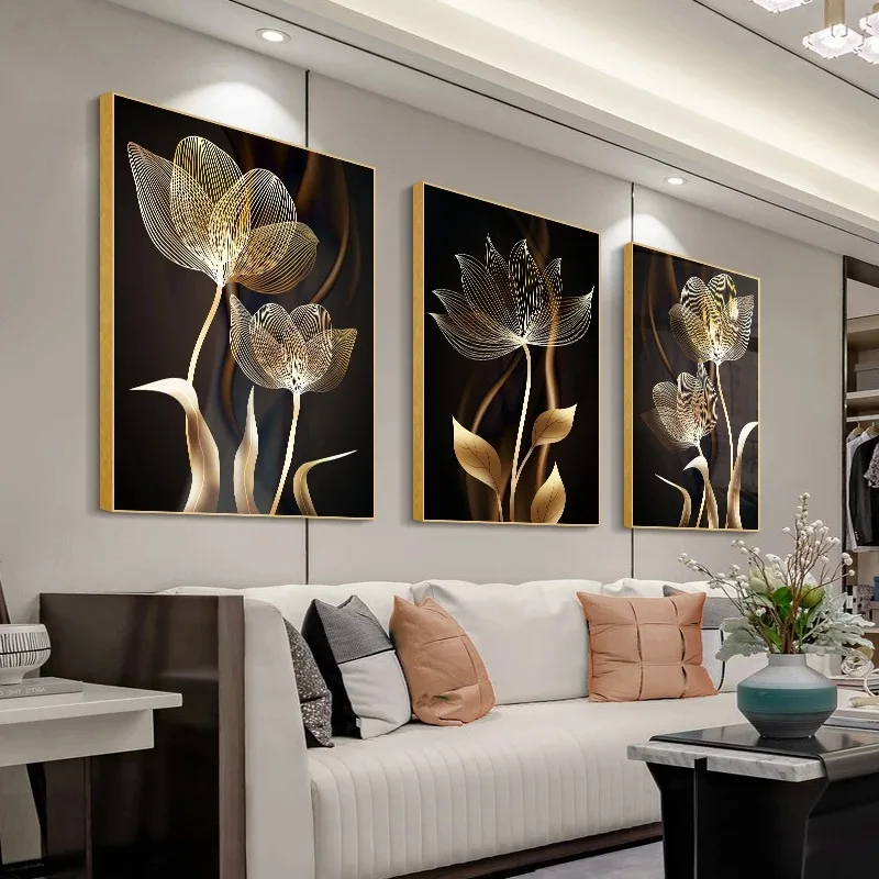 northern europe abstract black gold flower paintings modern living room wall painting home decoration murals