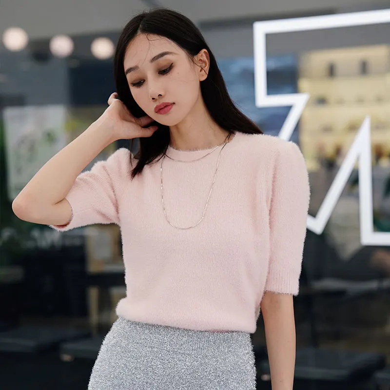 Sweater Women Casual Short Sleeve Mohair Knit Woolen Pullover Crew Neck Tops High Quality Sweatshirt for Ladies