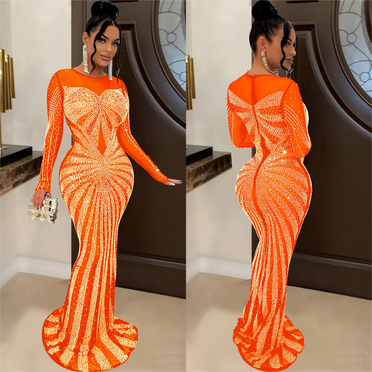 IHOOV Sheer Mesh crystal luxury maxi wedding rhinestone bridesmaid dresses women lady elegant