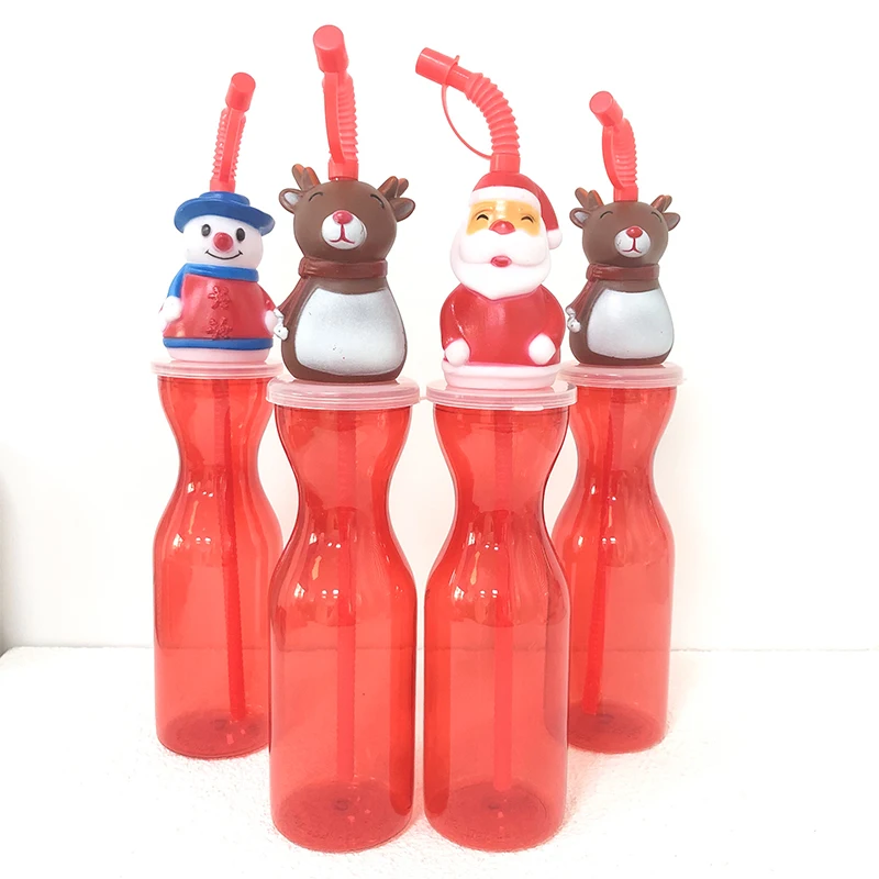 Santa Bottle Clear Plastic Milk Mug Kids Straw Cup with Cartoon Animal Lid Baby Water Cups Christmas Gifts