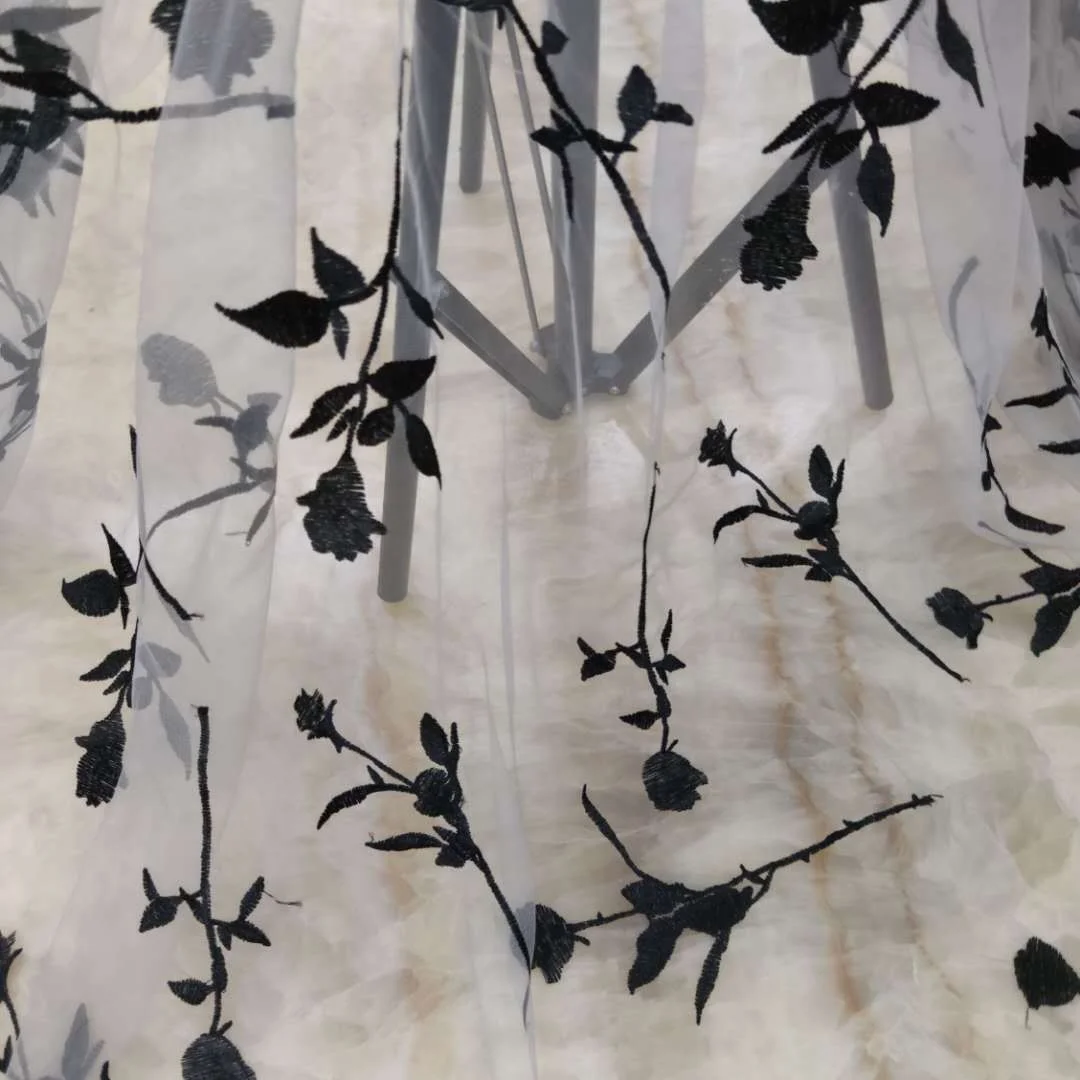 HAPPEAK simple elegant embroidery black rose tulle embroidered fabric for dress