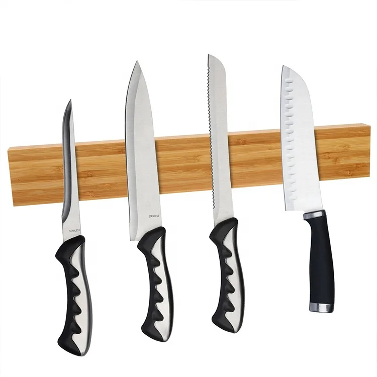 Kitchen Utensil Magnetic Knife Holder, Bamboo Wood Knife Strip Rack Bar Block, Powerful Flush Mounted Space Saver