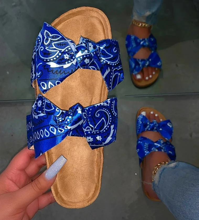
2021 New Arrival Cow Double Bow Slippers Padded Sole Cork Platform Slip-On Entry Beach Outside Sandals 