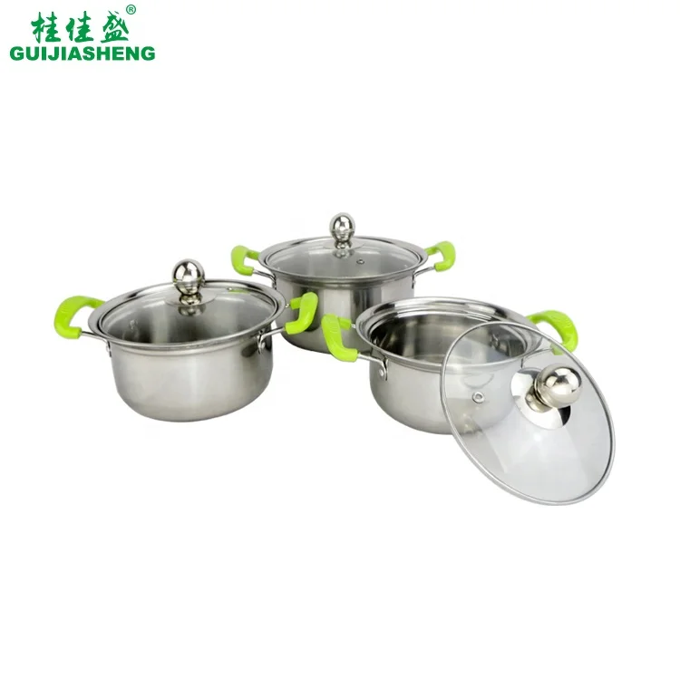 Cheap 3pcs milano cookware gift sets kitchen stainless steel cooking pots 18/20/22cm casserole with color anti scalding handle
