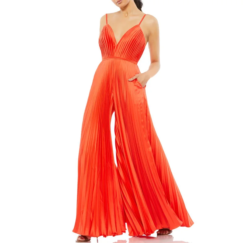 Custom  women fashion elegant temperament spaghetti strap sleeveless v neck satin pocket wide leg  jumpsuit