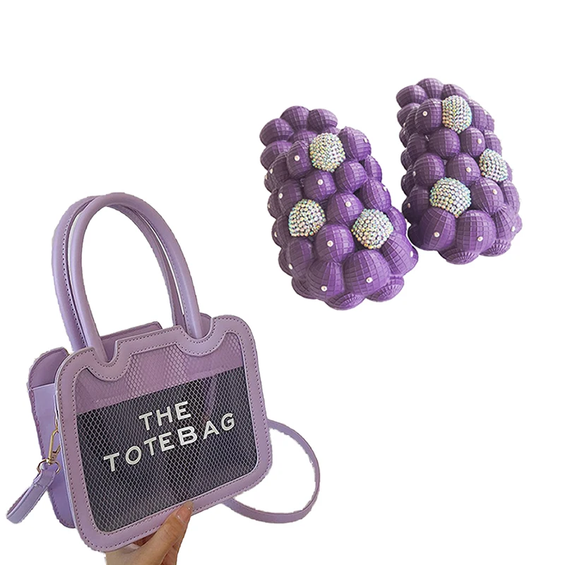 Wholesale New 2022 Custom Rhinestone Bubble Slides Green Black EVA Slippers and Fashion The Tote Bag Purse Set for Women