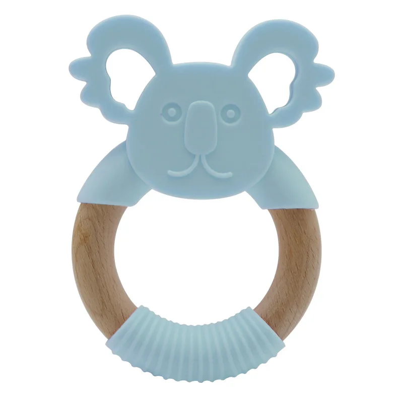 Custom bpa free soothing animal koala baby chew toys wood ring silicone baby teether