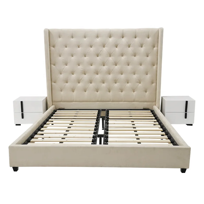 Дешевая американская мебель для кровати, мягкая бархатная ткань, высокий стеганый изголовье, кровать chesterfield super king