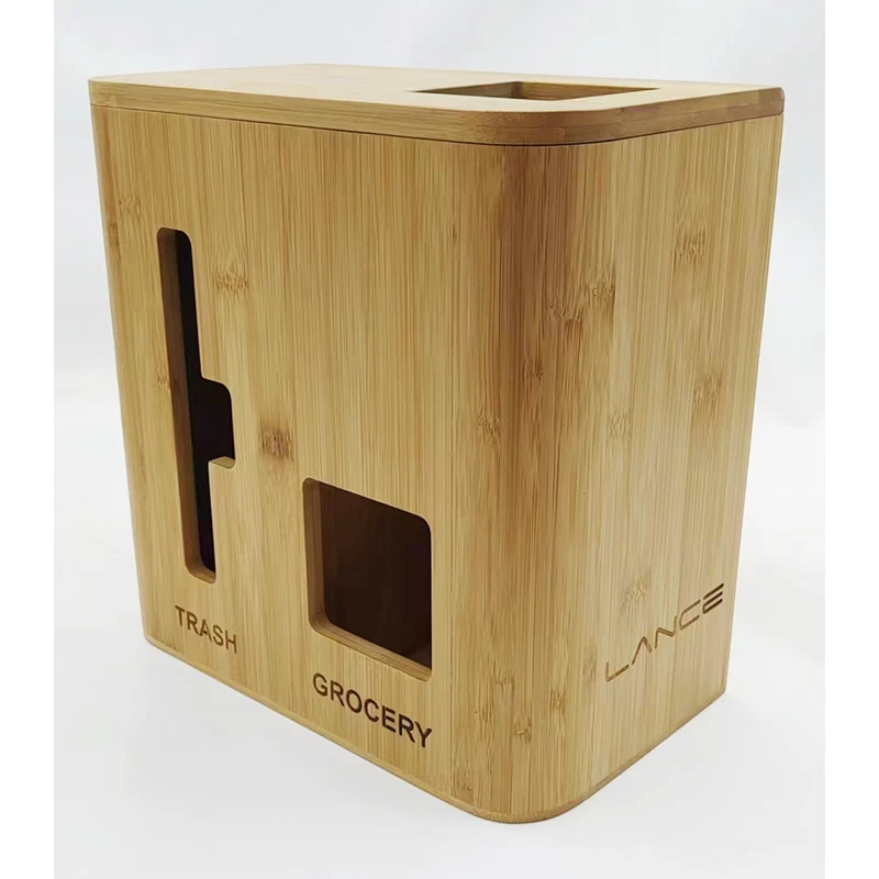 Factory Custom Bamboo Wall Mounted Grocery Trash Bag Holder Storage Organizer 2 in 1 Dispenser