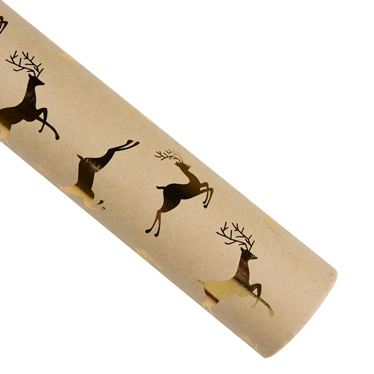 
48pcs/ctn New hot stamping Craft Paper Gold Reindeer Brown Kraft Gift Wrapping Paper Roll for Christmas 