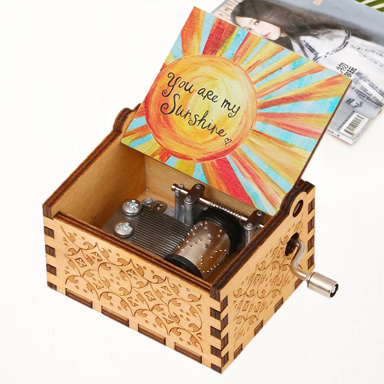 Customize Wooden music box color printing wooden hand crank music box music box Gift for Wife Kids