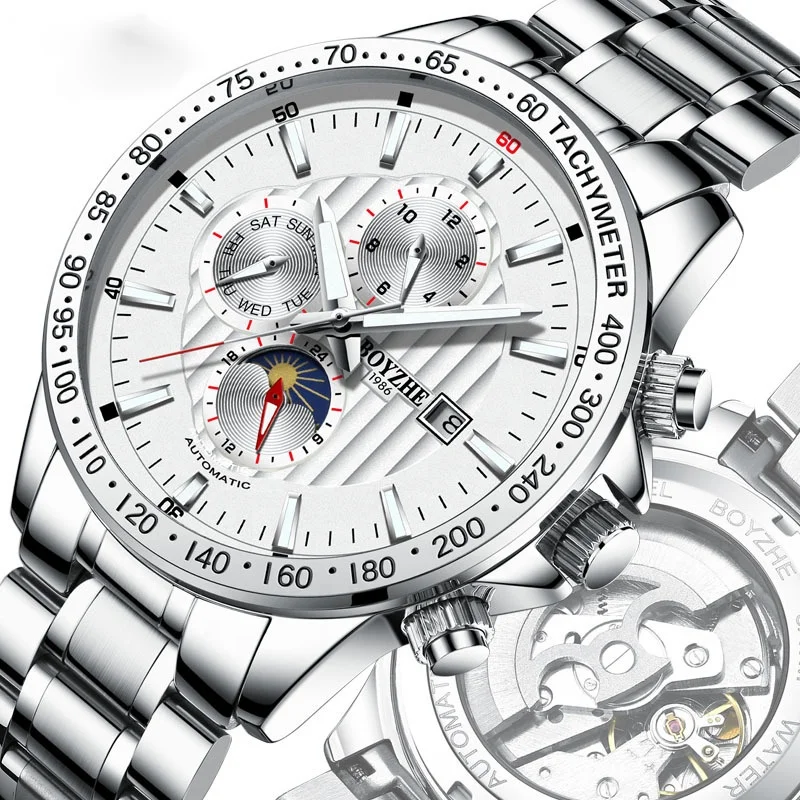 Hollow Out Glass Case Back Week/Month/Calendar/Moon phase Multifunction Chrono Date New Automatic Mechanical Watch