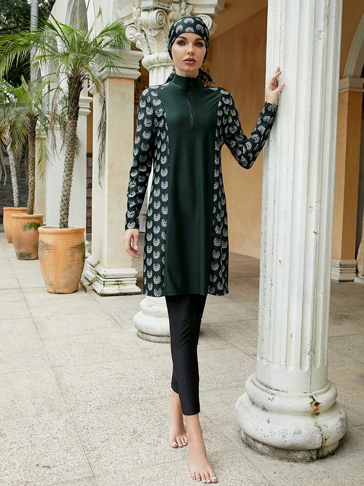 3 Piece Printed Mature Thong Muslim Modest Swimwear Borkini Full Wrap Stretch Slim Fit Long Sleeve Swimsuit Bucket Hat