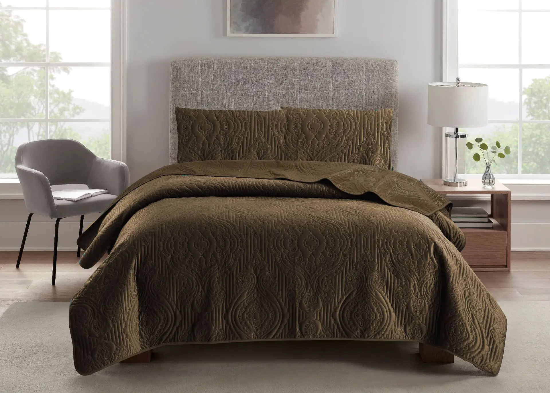 Wholesale solid reversible 100% microfiber bedding comforter bedspread set